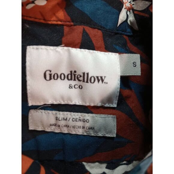 GoodFellow Shirt Men's Small Slim Navy Orange Button Front Short Sleeve Tropical - Picture 6 of 8